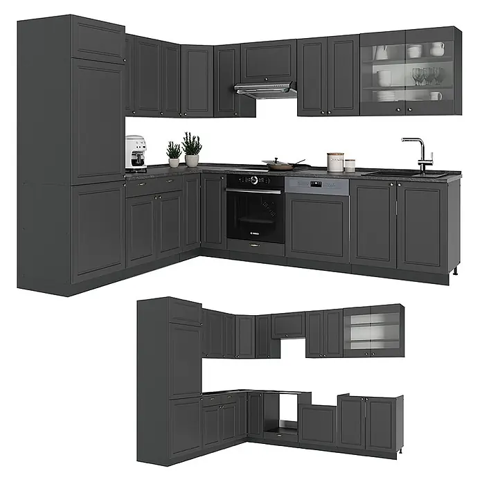 Vicco Eckküche Fame-Line Anthrazit-Gold Landhaus, AP Anthrazit - B x T: 287 x 60 cm, Anthrazit-Gold Landhaus, Ohne Elektrogeräte - Dunkelgraue L-förmige Modulküche mit Rahmentüren, integrierten Geräten und Hochschrank.