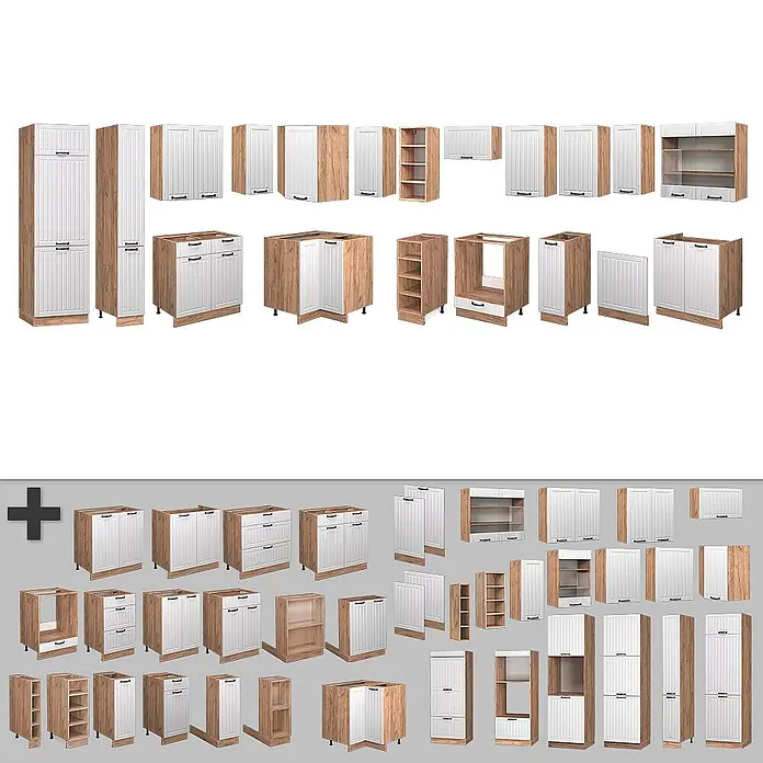 Vicco Eckküche Fame-Line Weiß Landhaus, AP Anthrazit - B x T: 347 x 60 cm, Weiß Landhaus, Ohne Elektrogeräte - Modulares Küchenschrank-Set mit Holzdekor-Rahmen und weißen gerippten Türen, inkl. Unter-, Ober-, Hoch- und Eckschränken sowie offenen Regalen.