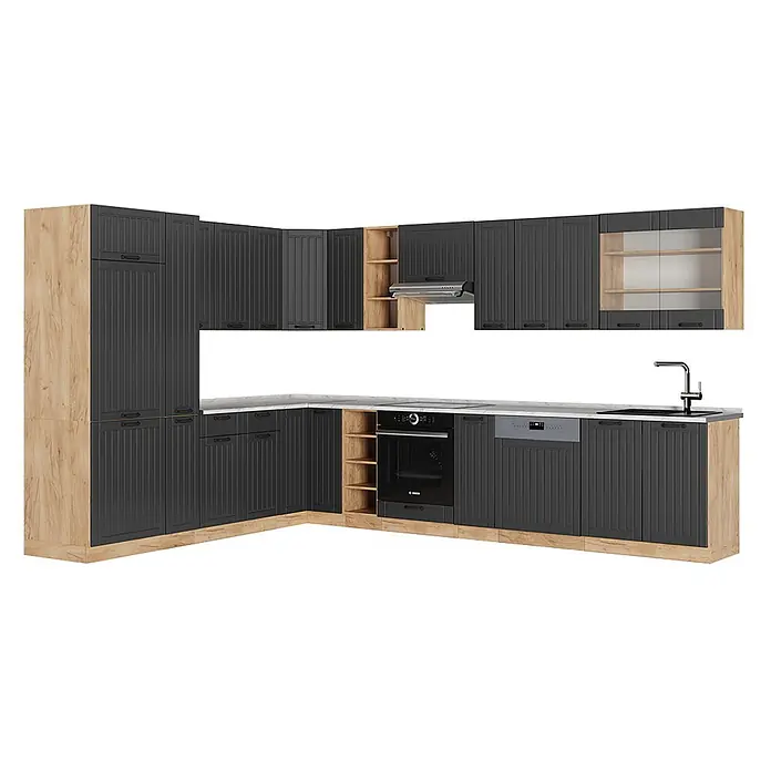 Vicco Eckküche Fame-Line Dunkelgrau, AP Marmor - B x T: 347 x 60 cm, Dunkelgrau, Ohne Elektrogeräte - L-förmige Küchenzeile mit dunkelgrauen gerillten Schranktüren und hellen Holzmaserungsakzenten, inklusive Backofen, Kochfeld, Spüle und Geschirrspüler.