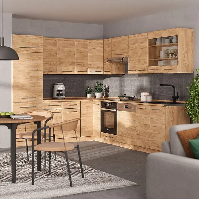 Vicco Eckküche Fame-Line Goldkraft Eiche ohne Arbeitsplatte - Goldkraft Eiche, Ohne Elektrogeräte - Moderne Küchenschränke in heller Eichenoptik, als L-Form mit integrierten Geräten.