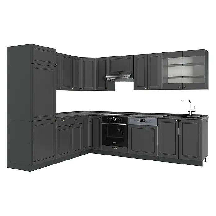 Vicco Eckküche Fame-Line Anthrazit-Gold Landhaus, AP Anthrazit - B x T: 287 x 60 cm, Anthrazit-Gold Landhaus, Ohne Elektrogeräte - Dunkelgraue L-förmige Küchenschränke mit integriertem Backofen, Geschirrspüler, Spüle und Dunstabzugshaube, mit klassischen Kassettentüren und Goldgriffen.