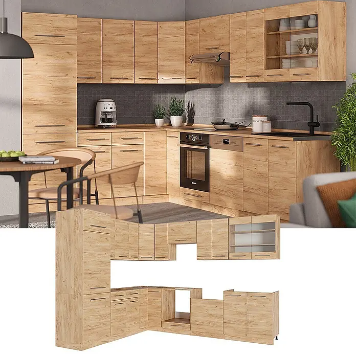 Vicco Eckküche Fame-Line Goldkraft Eiche ohne Arbeitsplatte - Goldkraft Eiche, Ohne Elektrogeräte - Moderne L-förmige Küchenmöbel in heller Holzoptik, mit Schränken, Schubladen und Geräteaussparungen.