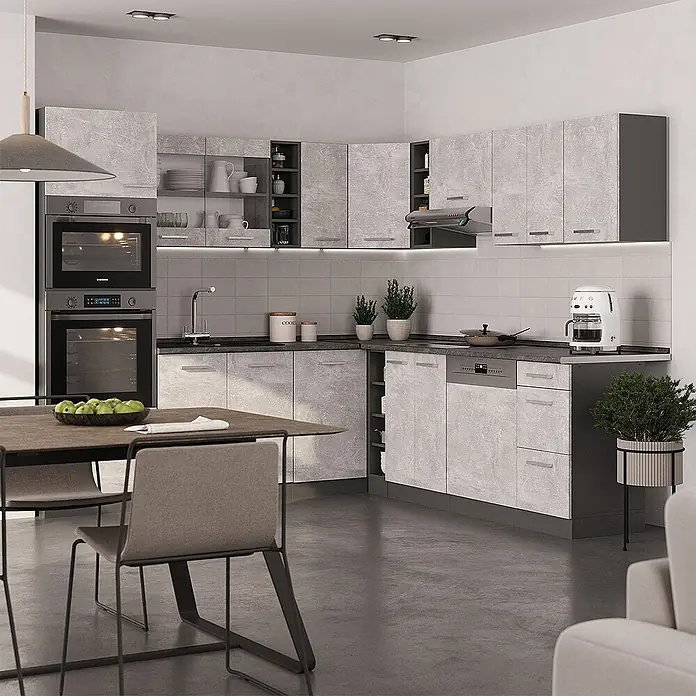 Vicco Eckküche R-Line Beton/Anthrazit, AP Anthrazit - B x T: 247 x 60 cm, Beton, Ohne Elektrogeräte - Moderne L-förmige Küche mit hellgrauen Strukturschränken, dunklen Arbeitsplatten und integrierten Geräten.