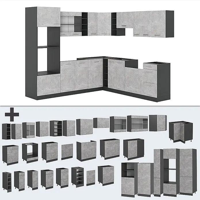 Vicco Eckküche R-Line Beton/Anthrazit, AP Anthrazit - B x T: 247 x 60 cm, Beton, Ohne Elektrogeräte - Modulare Küchenmöbel mit hellgrauen Beton-Look-Fronten und dunkelgrauen Rahmen, als Set und Einzelteile.