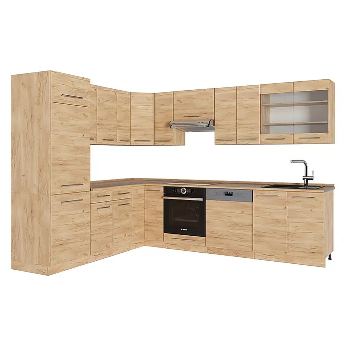 Vicco Eckküche Fame-Line Goldkraft Eiche, AP Eiche - B x T: 287 x 60 cm, Goldkraft Eiche, Ohne Elektrogeräte - L-förmige Einbauküche in heller Holzoptik mit integrierten Geräten.