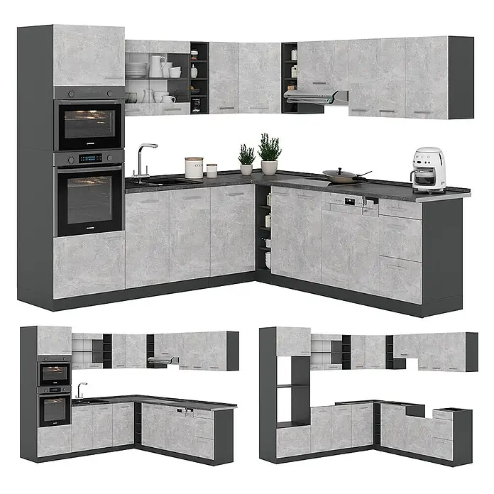 Vicco Eckküche R-Line Beton/Anthrazit, AP Anthrazit - B x T: 247 x 60 cm, Beton, Ohne Elektrogeräte - Moderne L-förmige Küche mit hellgrauen Strukturschränken, dunkelgrauen Unterschränken, integrierten Geräten und offenen Regalen.