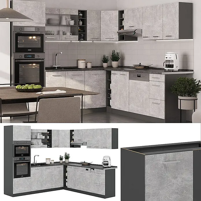 Vicco Eckküche R-Line Beton/Anthrazit, AP Anthrazit - B x T: 247 x 60 cm, Beton, Ohne Elektrogeräte - Moderne L-förmige Küche in Betonoptik Grau, mit integriertem Ofen, Geschirrspüler und reichlich Stauraum.