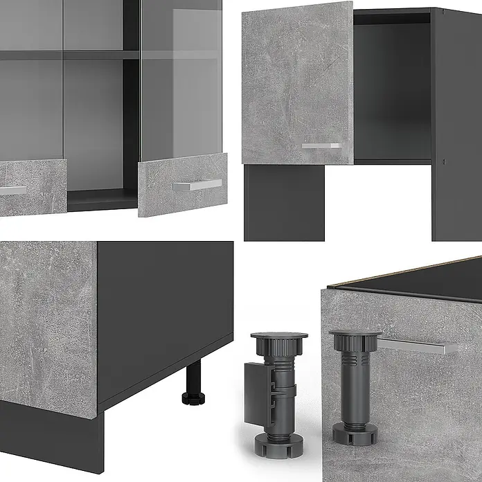 Vicco Eckküche R-Line Beton/Anthrazit, AP Anthrazit - B x T: 247 x 60 cm, Beton, Ohne Elektrogeräte - Modulare Küchenschrankelemente in Anthrazit mit Betonoptik-Fronten, silbernen Griffen und verstellbaren Füßen.