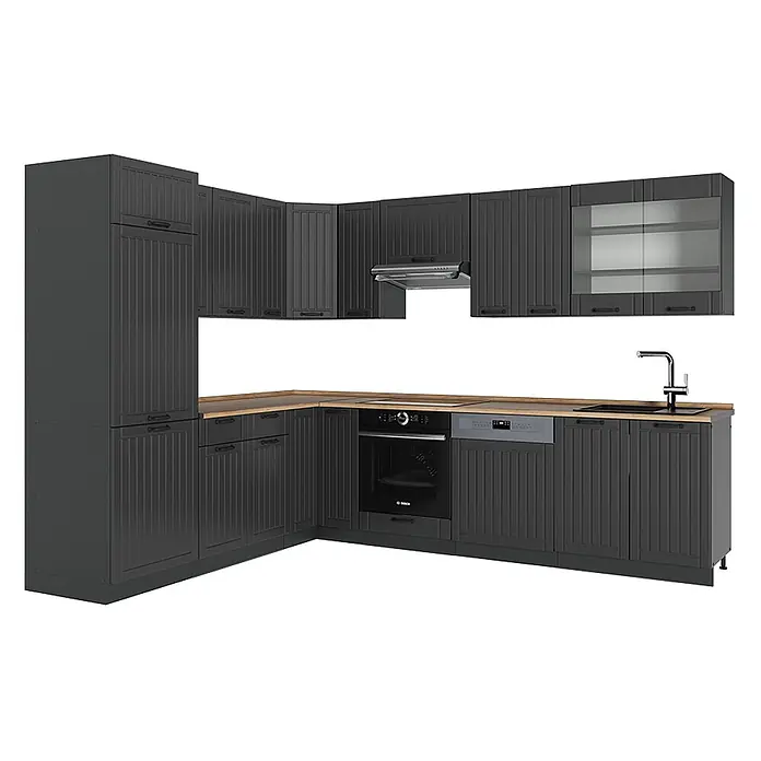 Vicco Eckküche Fame-Line Dunkelgrau, AP Eiche - B x T: 287 x 60 cm, Dunkelgrau, Ohne Elektrogeräte - L-förmige dunkelgraue Küche mit geriffelten Türen, heller Holzplatte, integriertem Backofen, Kochfeld, Geschirrspüler, Spüle und Dunstabzugshaube.