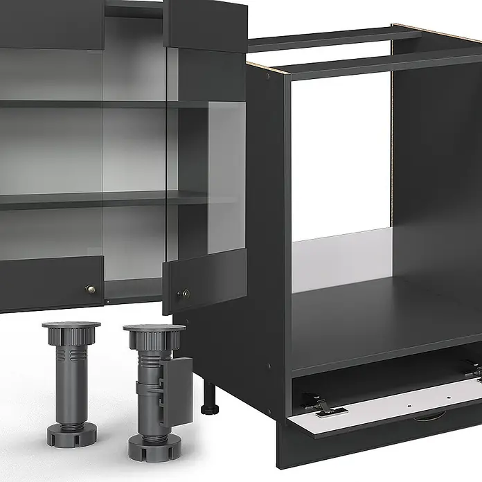 Vicco Eckküche Fame-Line Anthrazit-Gold Landhaus, AP Marmor - B x T: 347 x 60 cm, Anthrazit-Gold Landhaus, Ohne Elektrogeräte - Dunkelgraue modulare Möbelkomponenten: ein Wandschrank mit Glastüren, ein Unterschrankrahmen mit Schubladenmechanismus und verstellbare Beine.