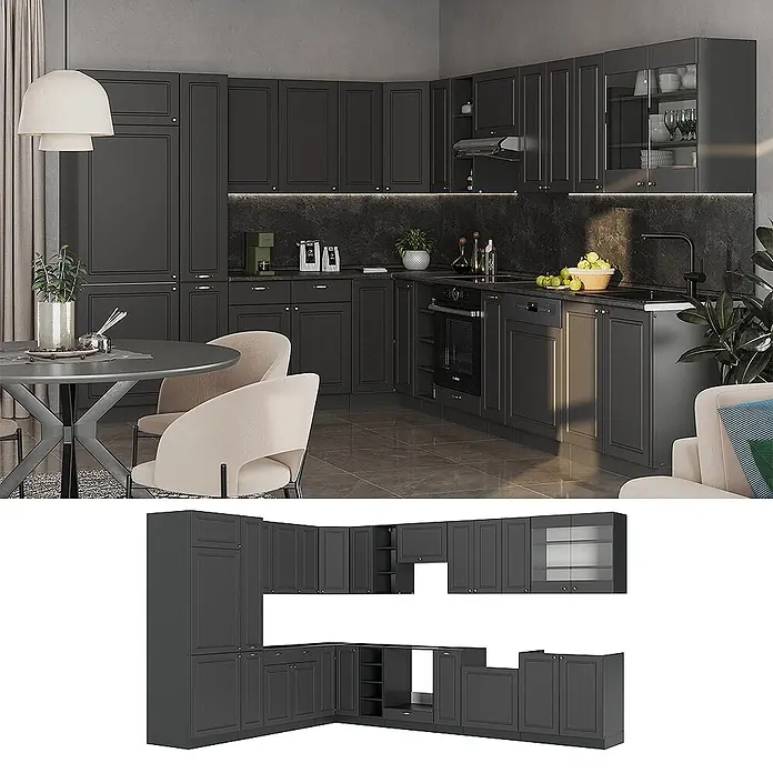 Vicco Eckküche Fame-Line Anthrazit-Gold Landhaus, AP Marmor - B x T: 347 x 60 cm, Anthrazit-Gold Landhaus, Ohne Elektrogeräte - Modulare dunkelgraue Küchenschrank-Garnitur, eingebaut und als Einzelteile dargestellt.