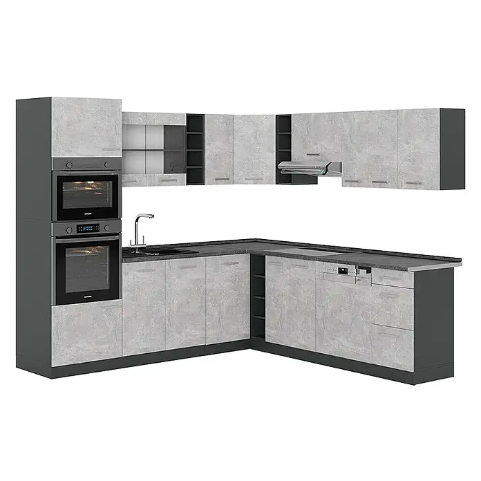 Vicco Eckküche R-Line Beton/Anthrazit, AP Anthrazit - B x T: 247 x 60 cm, Beton, Ohne Elektrogeräte - Eckküche mit hellgrauen Betonoptik-Fronten, dunkelgrauen Rahmen und Arbeitsplatten, inklusive Einbaubacköfen, Spüle und Geschirrspüler.