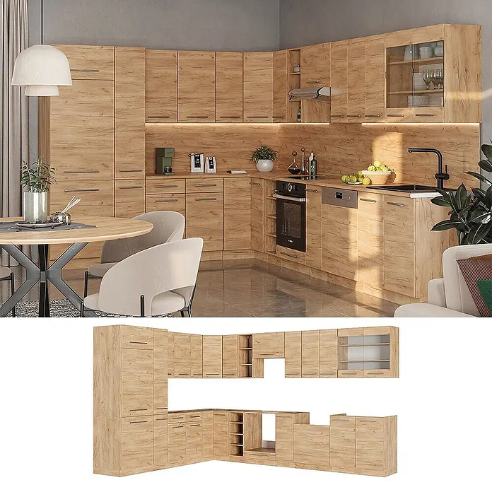 Vicco Eckküche Fame-Line Goldkraft Eiche ohne Arbeitsplatte - Goldkraft Eiche, Ohne Elektrogeräte - Moderne modulare Kücheneinheit in heller Eichenholzoptik. Mit Ober- und Unterschränken, teils mit Glas, und integrierten Geräten für eine komplette Küche.