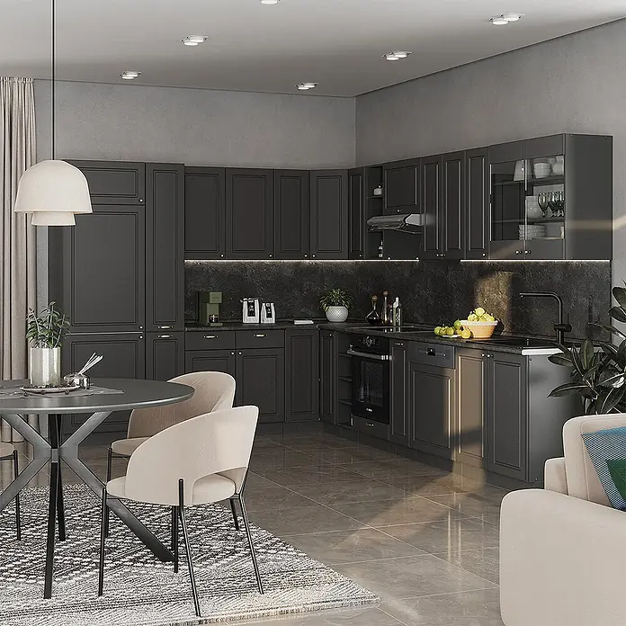 Vicco Eckküche Fame-Line Anthrazit-Gold Landhaus, AP Marmor - B x T: 347 x 60 cm, Anthrazit-Gold Landhaus, Ohne Elektrogeräte - Dunkelgraue L-förmige Küche mit schwarzen Arbeitsplatten und Spritzschutz, integrierten Geräten, in einem modernen Zuhause.