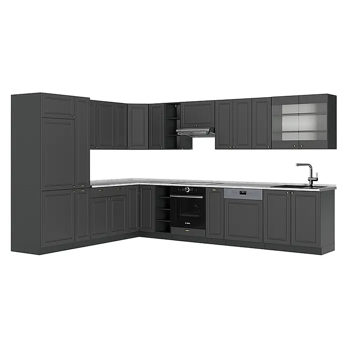Vicco Eckküche Fame-Line Anthrazit-Gold Landhaus, AP Marmor - B x T: 347 x 60 cm, Anthrazit-Gold Landhaus, Ohne Elektrogeräte - Dunkelgraue L-förmige Küche mit Kassettenfronten, heller Arbeitsplatte, integrierten Geräten und Messinggriffen.