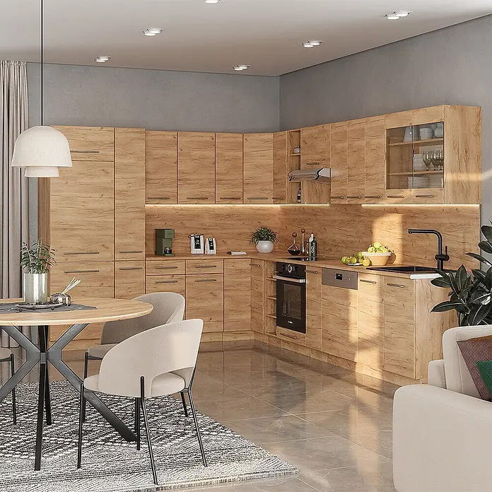 Vicco Eckküche Fame-Line Goldkraft Eiche ohne Arbeitsplatte - Goldkraft Eiche, Ohne Elektrogeräte - Moderne L-förmige Küche mit hellen Holzmaserungsschränken, integrierten Geräten und Unterschrankbeleuchtung.