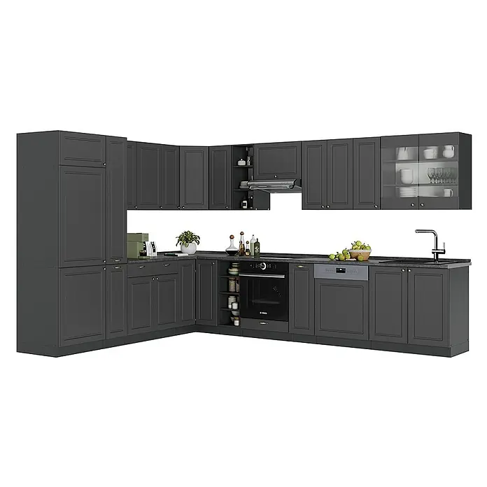 Vicco Eckküche Fame-Line Anthrazit-Gold Landhaus, AP Marmor - B x T: 347 x 60 cm, Anthrazit-Gold Landhaus, Ohne Elektrogeräte - Anthrazitfarbene L-Küche mit Kassettenfronten, goldfarbenen Griffen, integriertem Backofen, Geschirrspüler und Spüle.