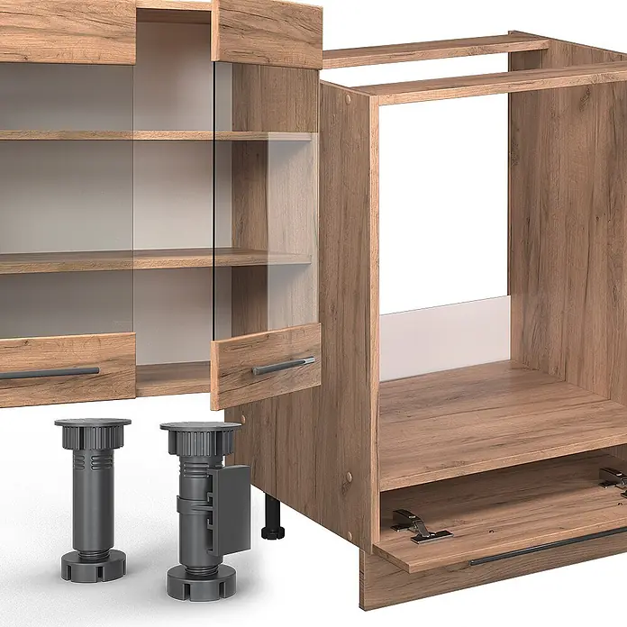 Vicco Eckküche Fame-Line Goldkraft Eiche ohne Arbeitsplatte - Goldkraft Eiche, Ohne Elektrogeräte - Modulare Holzoptik-Schrankkomponenten: Oberschrank mit Glastüren, Unterschrankrahmen und verstellbare dunkelgraue Füße.