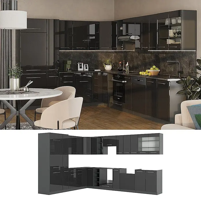 Vicco Eckküche Fame-Line Anthrazit Hochglanz ohne Arbeitsplatte - Anthrazit Hochglanz, Ohne Elektrogeräte - Moderne schwarze Hochglanzküche mit modularen Unter- und Oberschränken, in Küche und als Einzelteile gezeigt.