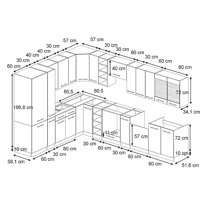 Vicco Eckküche Fame-Line Anthrazit Hochglanz ohne Arbeitsplatte - Anthrazit Hochglanz, Ohne Elektrogeräte - Planzeichnung einer modularen Kücheneinrichtung mit Ober- und Unterschränken, Hochschrank und Spülbereich, inklusive Maßen.