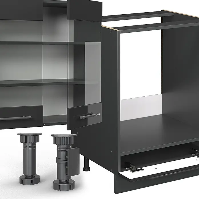 Vicco Eckküche Fame-Line Anthrazit Hochglanz ohne Arbeitsplatte - Anthrazit Hochglanz, Ohne Elektrogeräte - Dunkelgraues modulares Küchenschranksystem mit Glastüren, Griffen und verstellbaren Füßen, teilweise zur Demonstration montiert.