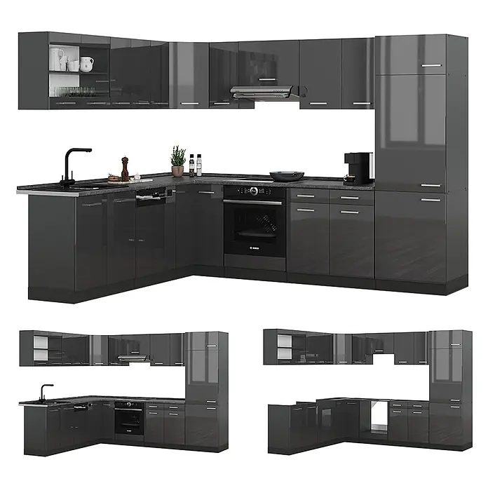 Vicco Eckküche R-Line Anthrazit Hochglanz/Anthrazit, AP Marmor - B x T: 287 x 60 cm, Anthrazit Hochglanz, Ohne Elektrogeräte - L-förmige Küchenzeile in Dunkelgrau Hochglanz mit Spüle und Backofen.