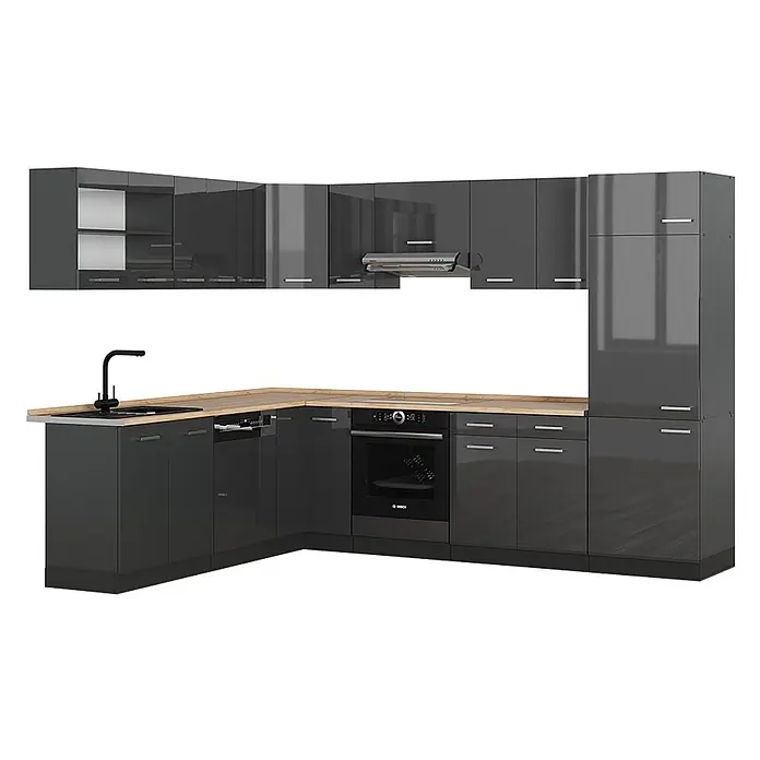 Vicco Eckküche R-Line Anthrazit Hochglanz/Anthrazit ohne Arbeitsplatte - B x T: 287 x 46 cm, Anthrazit Hochglanz, Ohne Elektrogeräte - Glänzende, dunkelgraue L-förmige Küchenzeile mit heller Holz-Arbeitsplatte, Spüle, Backofen, Kochfeld und Dunstabzugshaube.