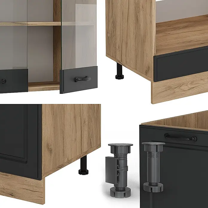 Vicco Eckküche R-Line Anthrazit Landhaus/Goldkraft Eiche ohne Arbeitsplatte - Anthrazit Landhaus, Ohne Elektrogeräte - Modulare Schrankeinheit mit heller Holzoptik, dunkelgrauen Paneelen, schwarzen Griffen und klaren Glastüren. Inklusive verstellbarer grauer Nivellierfüße.