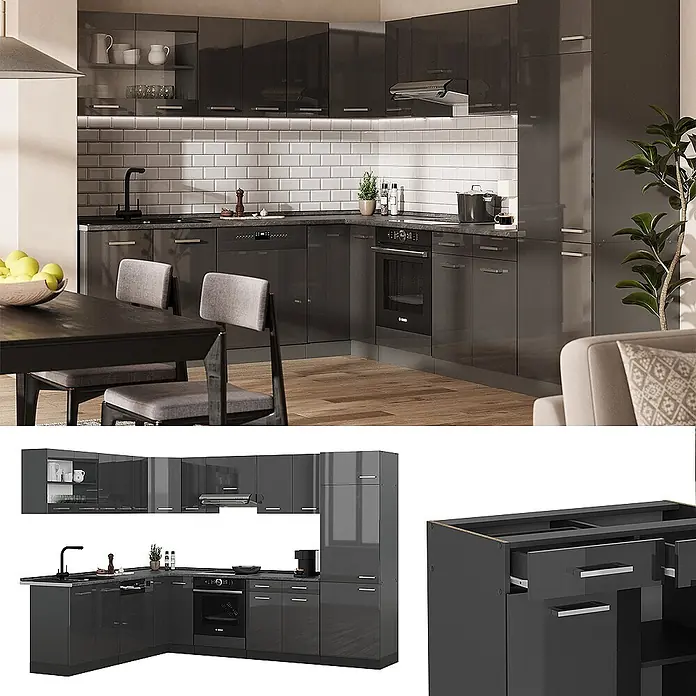 Vicco Eckküche R-Line Anthrazit Hochglanz/Anthrazit, AP Marmor - B x T: 287 x 60 cm, Anthrazit Hochglanz, Ohne Elektrogeräte - Moderne L-förmige Küchenzeile in Hochglanz Dunkelgrau, mit integrierten Geräten und viel Stauraum.
