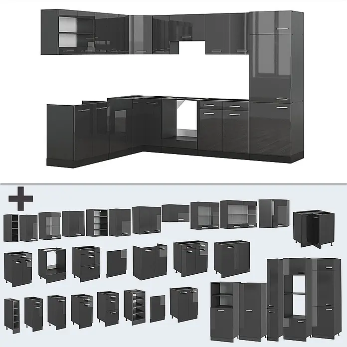 Vicco Eckküche R-Line Anthrazit Hochglanz/Anthrazit, AP Marmor - B x T: 287 x 60 cm, Anthrazit Hochglanz, Ohne Elektrogeräte - Dunkelgraues, glänzendes modulares Küchenmöbelset in L-Form mit verschiedenen Schrankelementen.