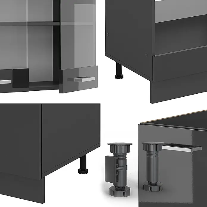 Vicco Eckküche R-Line Anthrazit Hochglanz/Anthrazit, AP Marmor - B x T: 287 x 60 cm, Anthrazit Hochglanz, Ohne Elektrogeräte - Modulares dunkelgraues Gehäuse mit Glastüren, Schubladen und verstellbaren Füßen.