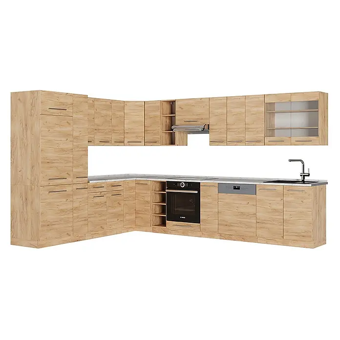 Vicco Eckküche Fame-Line Goldkraft Eiche, AP Marmor - B x T: 347 x 60 cm, Goldkraft Eiche, Ohne Elektrogeräte - L-förmige Einbauküche in heller Holzoptik mit integriertem Backofen, Kochfeld, Spüle, Geschirrspüler, Dunstabzugshaube, Vitrinen und offenen Regalen.