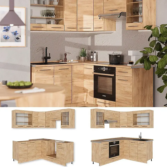 Vicco Eckküche Fame-Line Goldkraft Eiche ohne Arbeitsplatte - Goldkraft Eiche, Ohne Elektrogeräte - Helle Eckküche aus Holz mit integriertem Backofen, Kochfeld und Spüle, auch als Module gezeigt.
