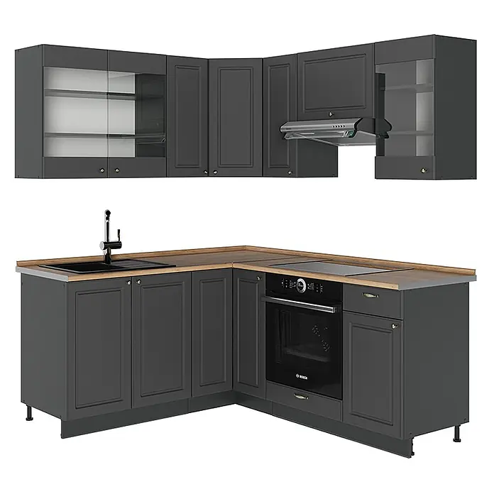 Vicco Eckküche Fame-Line Anthrazit-Gold Landhaus, AP Eiche - B x T: 190 x 60 cm, Anthrazit-Gold Landhaus, Ohne Elektrogeräte - Dunkelgraue L-förmige Küchenschrankkombination mit heller Holzplatte, integrierter Spüle, Kochfeld, Backofen, Dunstabzugshaube und Oberschränken.