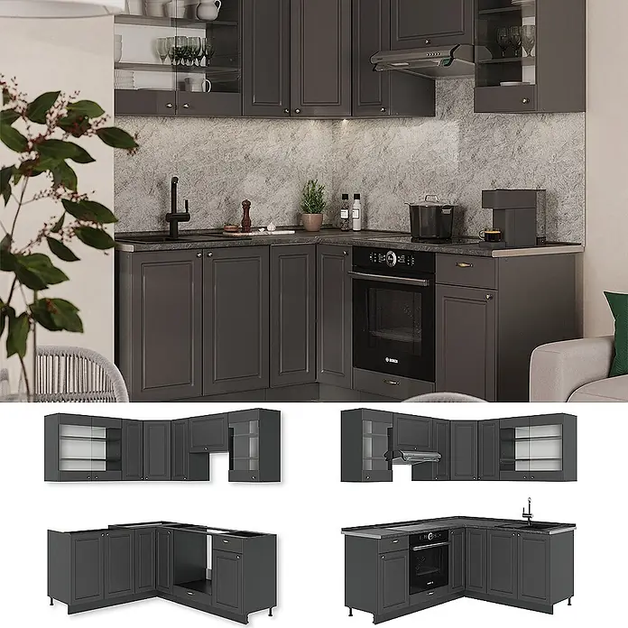 Vicco Eckküche Fame-Line Anthrazit-Gold Landhaus, AP Eiche - B x T: 190 x 60 cm, Anthrazit-Gold Landhaus, Ohne Elektrogeräte - Dunkelgraue modulare Eckküche in L-Form mit Einbauherd, Spüle und Hängeschränken, teilweise mit Glastüren, sowie dunklen Arbeitsplatten.