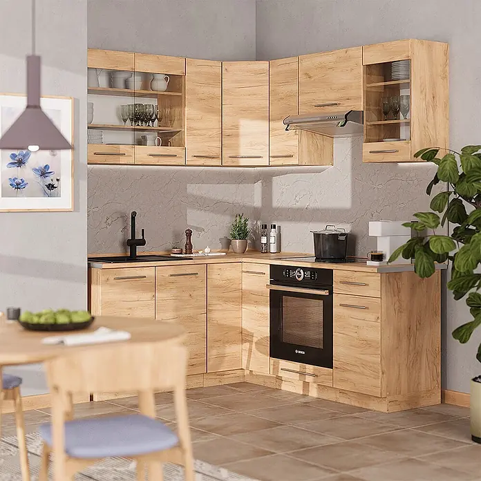 Vicco Eckküche Fame-Line Goldkraft Eiche ohne Arbeitsplatte - Goldkraft Eiche, Ohne Elektrogeräte - Moderne Eckküche mit hellen Holzfronten, integrierten Geräten und dunkler Arbeitsplatte.