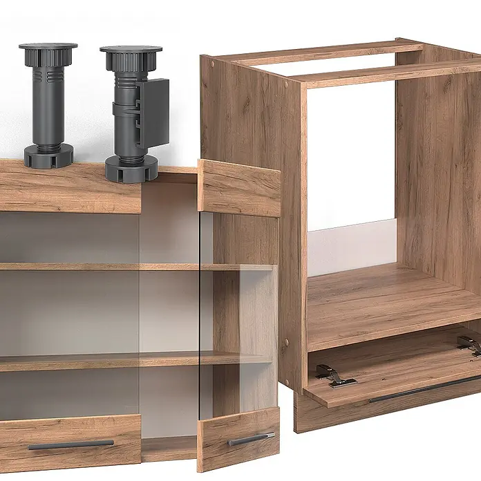 Vicco Eckküche Fame-Line Goldkraft Eiche ohne Arbeitsplatte - Goldkraft Eiche, Ohne Elektrogeräte - Zerlegter Holzschrank mit Glastüren, Schubladen und verstellbaren dunkelgrauen Kunststofffüßen, montagebereit.