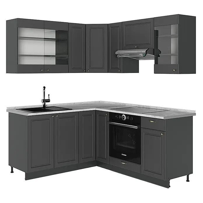 Vicco Eckküche Fame-Line Anthrazit-Gold Landhaus, AP Marmor - B x T: 190 x 60 cm, Anthrazit-Gold Landhaus, Ohne Elektrogeräte - Dunkelgraue Eckküche mit heller Arbeitsplatte, Spüle, Backofen und Kochfeld. Oberschränke teilweise mit Glastüren.