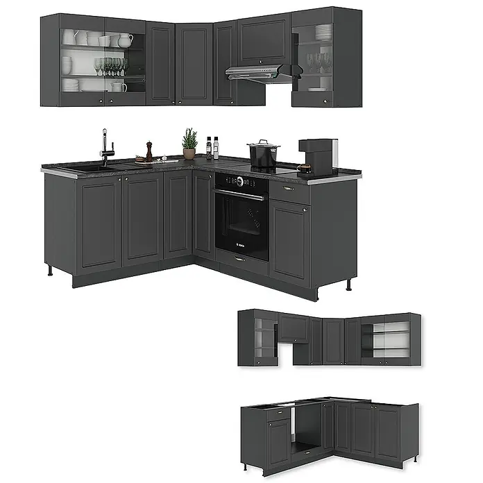 Vicco Eckküche Fame-Line Anthrazit-Gold Landhaus, AP Eiche - B x T: 190 x 60 cm, Anthrazit-Gold Landhaus, Ohne Elektrogeräte - Dunkelgraue L-förmige Küche mit integriertem Backofen, Spüle und passenden Hängeschränken.
