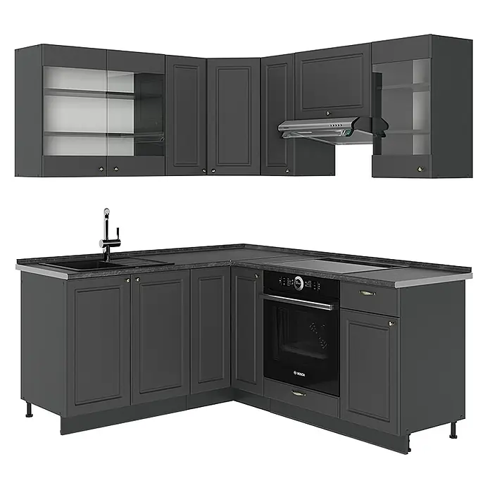 Vicco Eckküche Fame-Line Anthrazit-Gold Landhaus, AP Anthrazit - B x T: 190 x 60 cm, Anthrazit-Gold Landhaus, Ohne Elektrogeräte - Dunkelgraue L-förmige Küchenschränke mit Spüle, Backofen, Kochfeld und verschiedenen Ober- und Unterschränken.