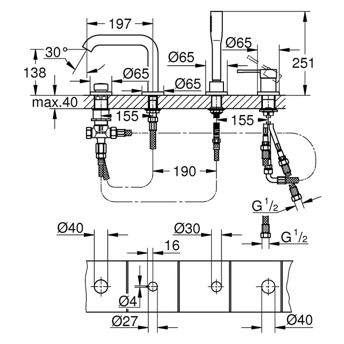Grohe Essence Badewannenrandarmatur - Chrom, Glänzend, Anzahl Armaturenlöcher: 4 Stk. - Produktbild einer Armatur mit Maßangaben, inklusive Durchmesser und Abstände für Installationen.