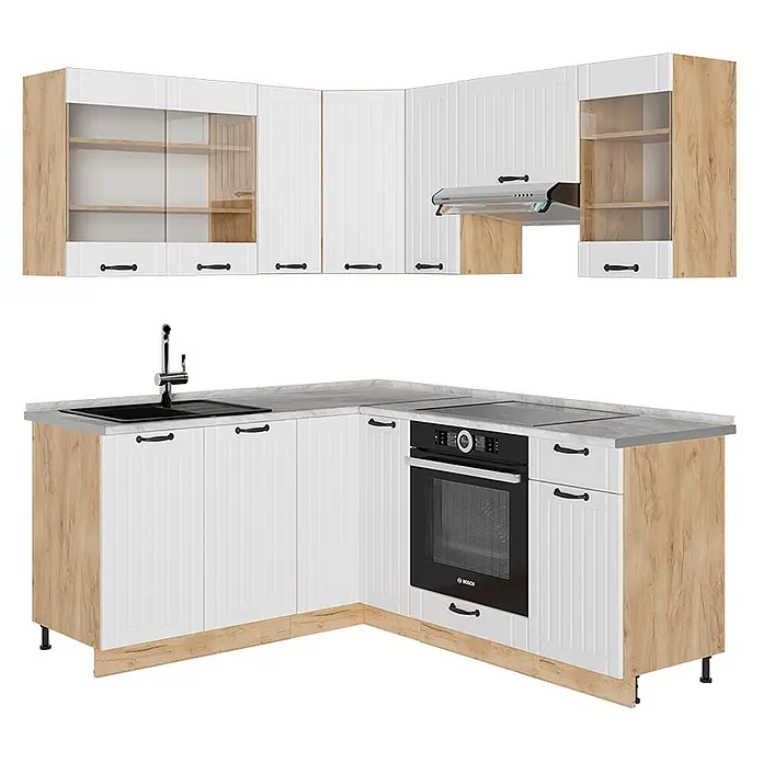 Vicco Eckküche Fame-Line Weiß Landhaus, AP Marmor - B x T: 190 x 60 cm, Weiß Landhaus, Ohne Elektrogeräte - L-förmige Küche: weiße Rillenfronten, helle Holzakzente, graue Marmor-Arbeitsplatte, schwarze Spüle, Ofen, Kochfeld.