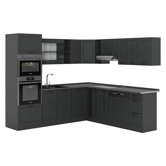 Vicco Eckküche R-Line Anthrazit Landhaus/Anthrazit, AP Anthrazit - B x T: 247 x 60 cm, Anthrazit Landhaus, Ohne Elektrogeräte - Dunkelgraue L-förmige Küchenschränke mit integrierten Öfen, Spüle, Geschirrspüler und Dunstabzugshaube, mit klassischen Kassettentüren.