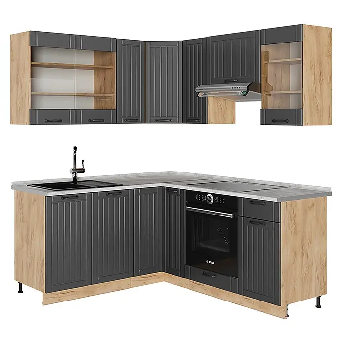Vicco Eckküche Fame-Line Dunkelgrau, AP Marmor - B x T: 190 x 60 cm, Dunkelgrau, Ohne Elektrogeräte - L-förmige Küche mit anthrazitfarbenen gerillten Fronten und hellen Holzschränken. Mit Spüle, Kochfeld, Backofen, Dunstabzugshaube.