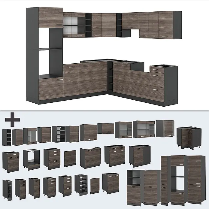 Vicco Eckküche R-Line Edelgrau/Anthrazit, AP Marmor - B x T: 247 x 60 cm, Edelgrau, Ohne Elektrogeräte - Modulares Küchenschranksystem in dunkler Holzoptik und Anthrazit, mit verschiedenen Ober- und Unterschränken.