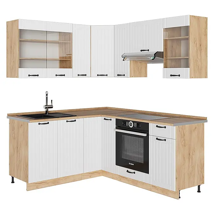 Vicco Eckküche Fame-Line Weiß Landhaus, AP Eiche - B x T: 190 x 60 cm, Weiß Landhaus, Ohne Elektrogeräte - L-förmige Küchenzeile mit weißen gerillten Schränken, hellen Holzakzenten, schwarzen Griffen, integrierter Spüle, Kochfeld, Backofen und Dunstabzugshaube.