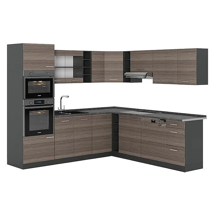 Vicco Eckküche R-Line Edelgrau/Anthrazit, AP Anthrazit - B x T: 247 x 60 cm, Edelgrau, Ohne Elektrogeräte - L-förmige Küche mit Holzmaserungsschränken, dunkelgrauen Arbeitsplatten und integrierten Geräten wie Backöfen, Spüle, Kochfeld und Geschirrspüler.