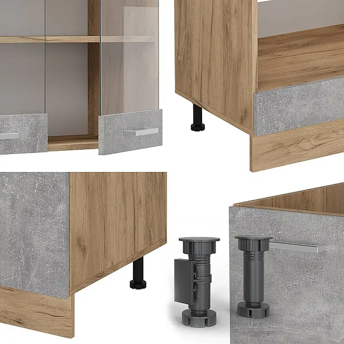 Vicco Eckküche R-Line Beton/Goldkraft Eiche ohne Arbeitsplatte - Beton, Ohne Elektrogeräte - Modulares Schranksystem mit heller Holzoptik und Betonpaneelen, Glasfronten, silbernen Griffen und verstellbaren Füßen.