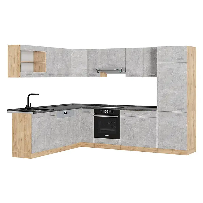 Vicco Eckküche R-Line Beton/Goldkraft Eiche, AP Anthrazit - B x T: 287 x 60 cm, Beton, Ohne Elektrogeräte - L-förmige Küche in Betonoptik hellgrau mit Holzdetails, integrierter Spüle, Geschirrspüler, Backofen, Kochfeld, Dunstabzugshaube.