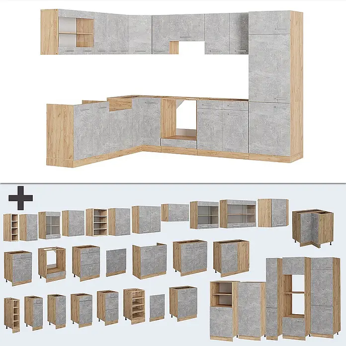 Vicco Eckküche R-Line Beton/Goldkraft Eiche ohne Arbeitsplatte - Beton, Ohne Elektrogeräte - L-förmige Modulküche mit hellgrauen Betonoptik-Fronten und hellen Holzrahmen, zeigt verschiedene Schrank- und Schubladeneinheiten.